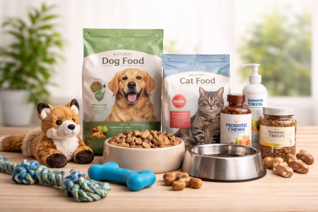 High-quality pet product on an off-white background, styled with green and purple accent shapes, representing Ajovia’s marketplace