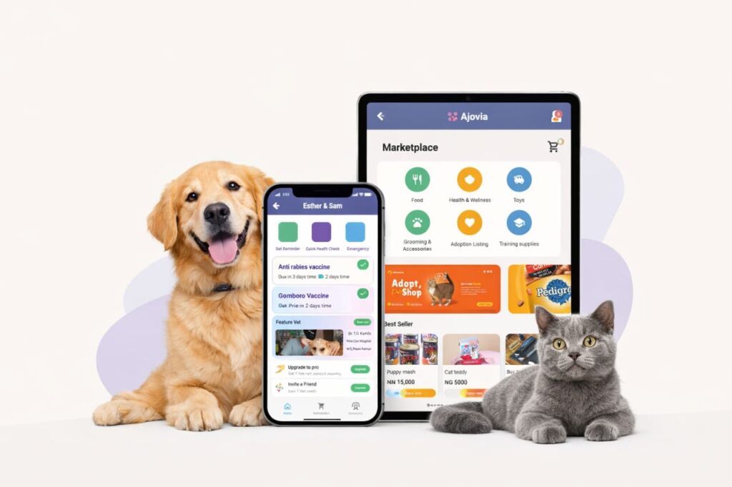 Pet care mobile app interface displayed on smartphone and tablet beside a dog and a cat, showcasing pet health tracking and marketplace features