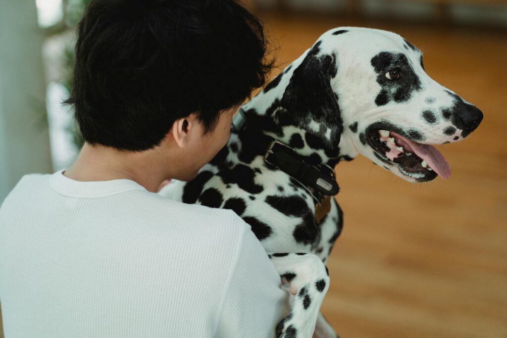 A man embraces his Dalmatian dog indoors, showcasing a loving connection.