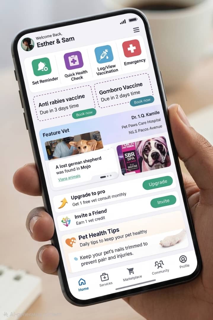 a hand holding a smartphone displaying Ajovia pet care app dashboard with vaccination reminders, vet services, marketplace items, and navigation tabs