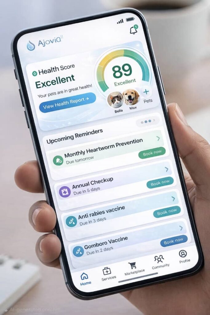 The Ajovia mobile app interface showing pet health tracking and reminders